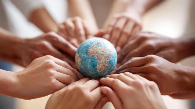 Diverse Hands United Around Globe Global Collaboration, Environmental Stewardship, and Unity for a Sustainable Future photo