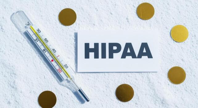 hipaa conformidad concepto termómetro y tarjeta con hipaa texto rodeado por dorado círculos en blanco superficie foto