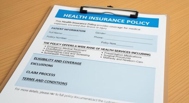 Health Insurance Policy Document on Clipboard for Healthcare Coverage and Medical Claims Processing photo