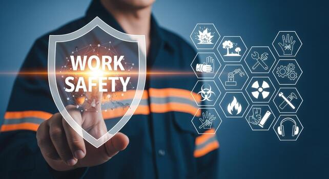 Workplace safety, health, and security concept shown on a virtual screen with worker touching it photo