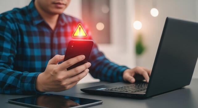 Man works on a laptop while holding a phone with a warning sign - Security concept photo