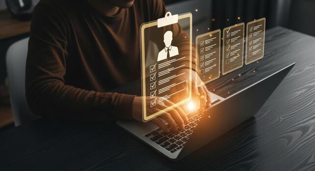 Human resources specialist reviews candidate profiles on laptop, showcasing skills for the job application process photo