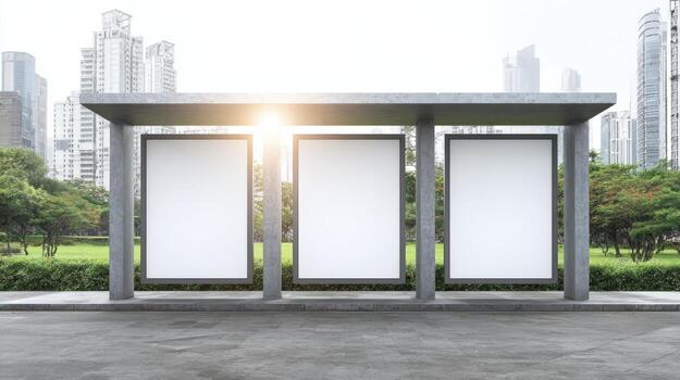 Urban Bus Stop Advertisement Mockup Featuring Three Blank Billboards in a Modern Cityscape Setting photo