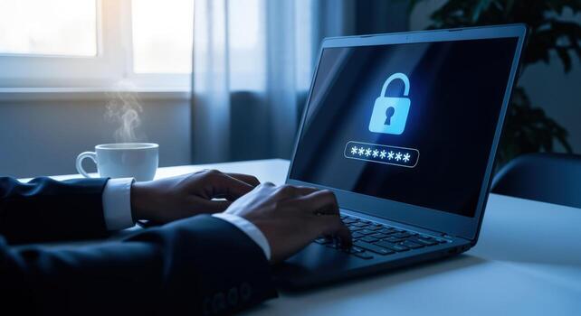 Cybersecurity Password Protection Man Typing on Laptop with Lock Icon for Online Security photo