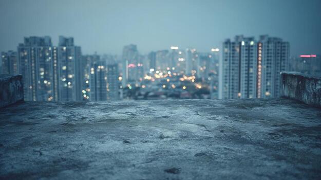 Urban Rooftop View with City Skyline at Dusk, Featuring Concrete Surface and Blurred Background photo