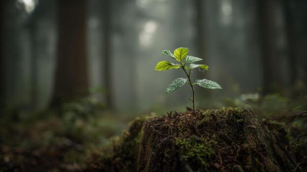 Resilient Sprout Growing from a Tree Stump in Misty Forest - Symbol of Hope and Renewal photo