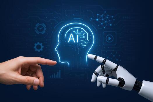 Artificial Intelligence Concept Human and Robot Hands Interacting with a Glowing AI Head Outline on Blue Background photo