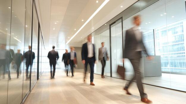 Blurred motion of diverse business team walking in modern office hallway with glass walls photo