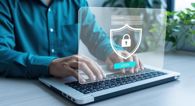Secure Online Access Person Logging into Laptop with Shield Icon for Cyber Protection photo