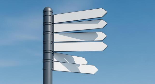 Blank Directional Signpost with Multiple Arrows Against a Clear Blue Sky - Mockup for Custom Text photo