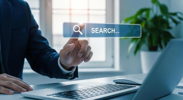 Online Search Concept Businessman Using Search Bar on Digital Interface for Information Access photo