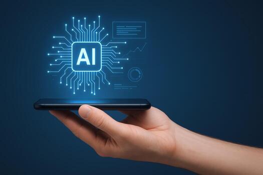 Hand Holding Smartphone with AI Circuitry Hologram Display for Innovation and Technological Advancement on Blue Background photo