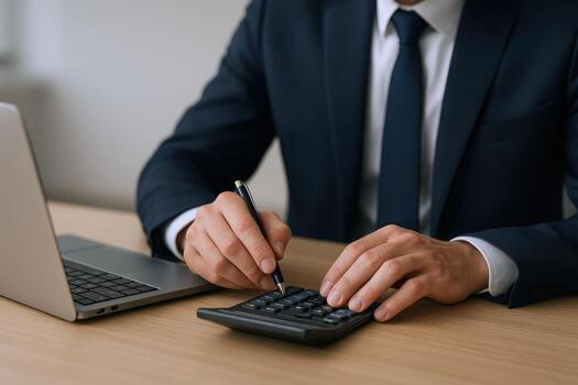 Accountant Calculating Finances in Office with Laptop, Financial Analysis and Data Review for Business Decisions photo
