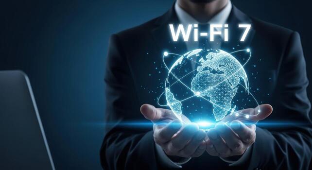 Businessman presenting a futuristic globe displaying advanced technology and connectivity innovations on a dark background photo