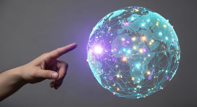 Global Network Connection Conceptual Illustration of Digital World, Communication Technology, and Human Interaction with Technology photo