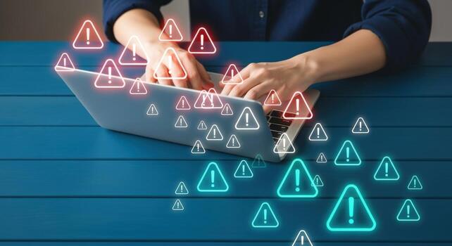 la seguridad cibernética alerta persona mecanografía en ordenador portátil rodeado por advertencia iconos, ilustrando datos incumplimiento y en línea amenazas foto