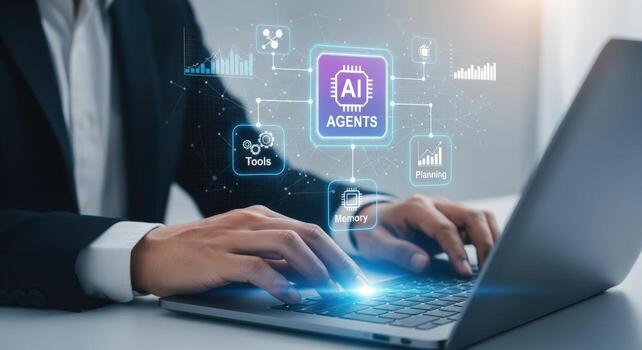 AI Agents Integration A Businessman Utilizing Laptop with AI Agent Overlays for Business Growth photo