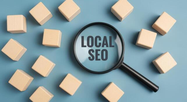 Magnifying Glass over Local SEO Text with Wooden Blocks Scattered on Blue Background photo