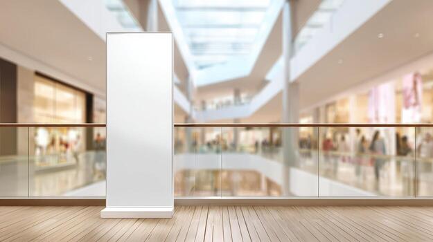 Blank Roll-Up Banner Mockup Displaying in Modern Shopping Mall, Advertisement and Marketing Materials photo