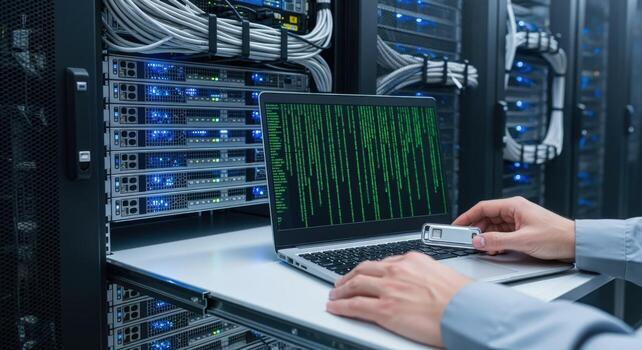 Server Room Configuration IT Professional Uploading Data, Performing Maintenance on a Data Center Infrastructure photo