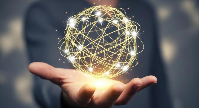 Abstract Glowing Network Sphere Held in Hand Represents Global Connection, Technology, and Innovation photo