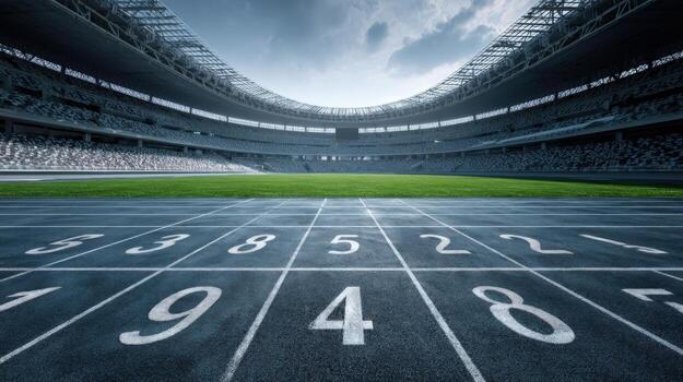 Empty Stadium Track Ready for Competition and Achievement in Sports Venue Setting with Copy Space photo