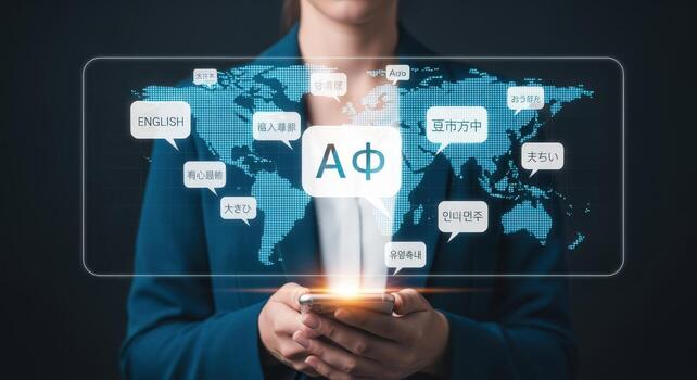 Woman Uses Smartphone App for Language Translation with World Map Visualization on Digital Interface photo