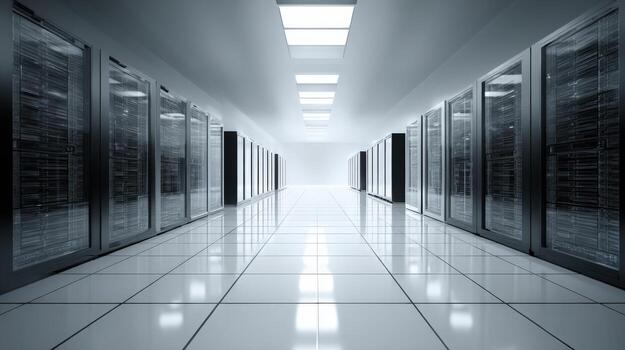 Data Center Server Room Modern IT Infrastructure with Rows of Rack Servers in a Secure Environment photo