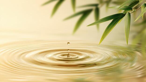 Zen Water Drop Creating Ripples with Bamboo Leaves, Calm Spa Scene, Abstract Natural Backdrop photo