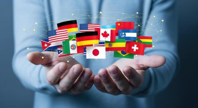 Global Connection Concept Hands Holding International Flags Representing Unity, Communication, and Worldwide Business Collaboration in the Digital Age photo