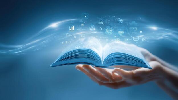 Open Book with Glowing Data and Symbols Floating Above, Held in Hands, Concept of Knowledge and Learning photo