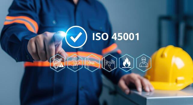 ISO 45001 Certification Concept Man in Blue Uniform Demonstrates Occupational Health and Safety Compliance with Digital Interface photo