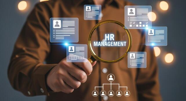HR Management Concept Magnifying Glass on Human Resources with Employee Profiles and Organizational Structure photo