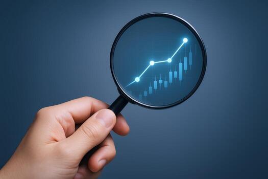 Growth Analysis Concept Hand Holding Magnifying Glass Over Rising Business Graph on Blue Background photo