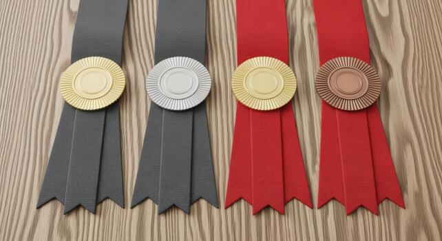 Gold, Silver, and Bronze Award Ribbons Displayed on a Wooden Surface for Recognition and Achievement photo