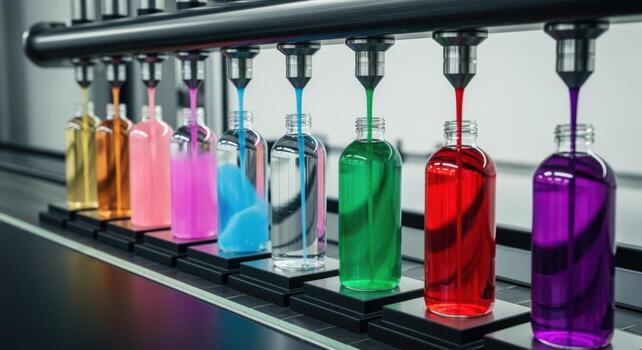Automated liquid filling process showcasing colorful liquids and precision in glass bottles on a production line photo