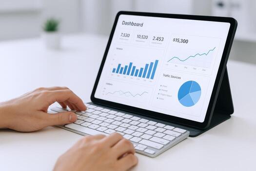 Data Analysis on a Tablet Hands Typing on a Keyboard with Business Analytics Displayed photo
