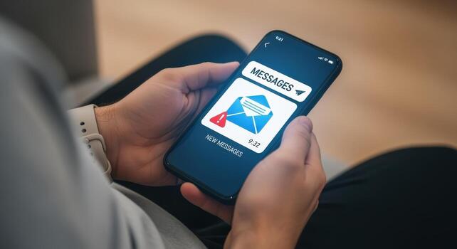 Person holding smartphone displaying a message notification, illustrating digital communication and modern technology use photo