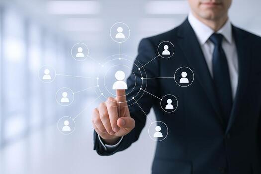 Professional Man Connecting to Network of Digital Profiles, Showcasing Social Media Management and Human Resources photo