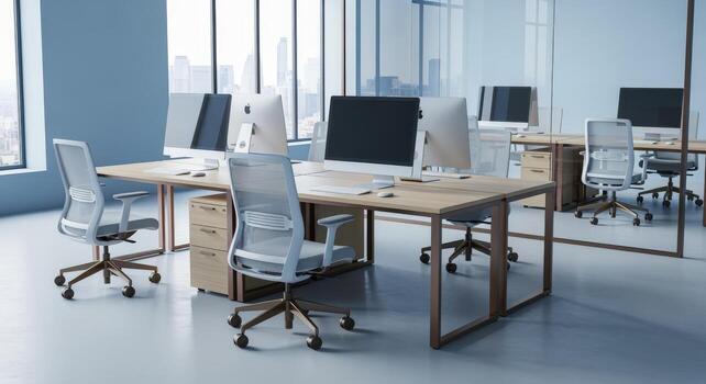 Modern Open Office Space with Desks, Chairs, and Computers Near Large Windows Overlooking City photo
