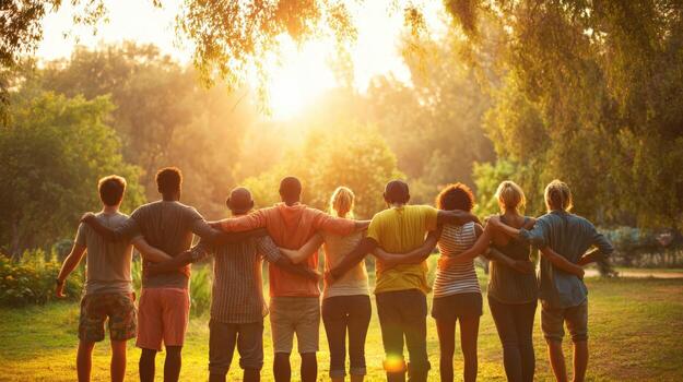 diverso grupo de amigos abraza cada otro en un parque, retroiluminado por el dorado atardecer, simbolizando unidad foto