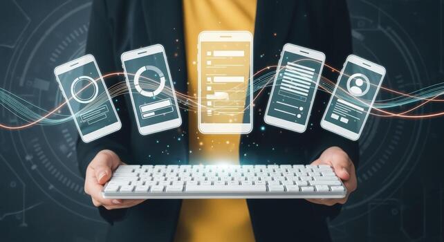 Person Holding Keyboard with Mobile Devices Displaying Data, Representing Technology, Innovation, and Digital Communication photo