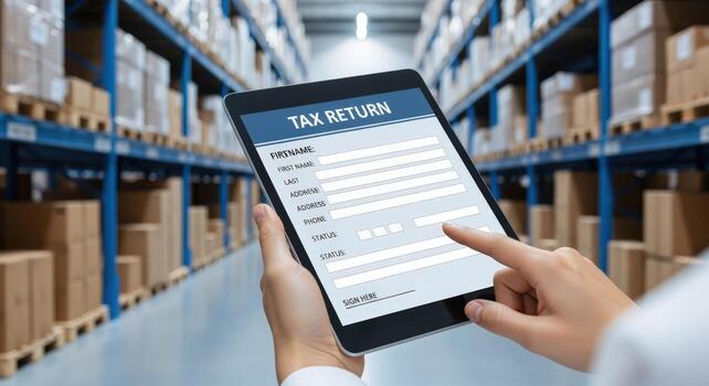 Tax Return on Tablet Device in Warehouse Setting, Illustrating Modern Business Solutions and Logistics photo