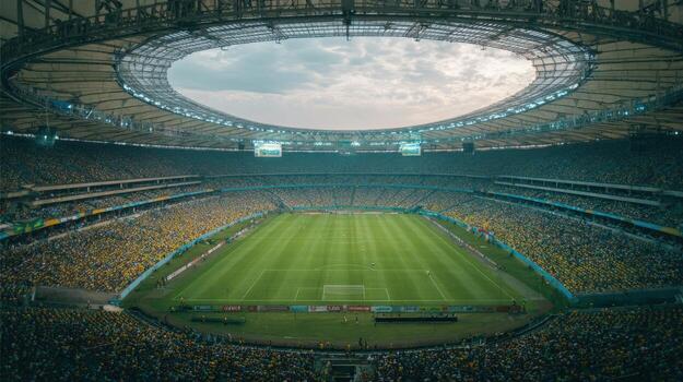 Spectacular View of a Stadium During the Evening with Crowd in the Stands photo