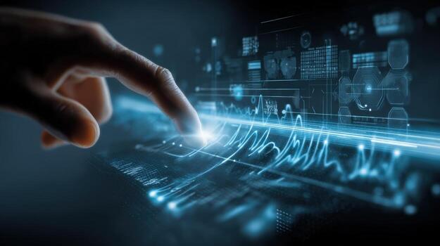 Data Analysis Interface Finger Interacting with Digital Information, Visualizing Complex Analytics and Future Technology photo