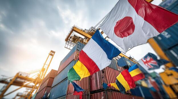 Global Trade Concept Shipping Containers with Flags Representing International Commerce, Import, and Export with Cargo Crane photo
