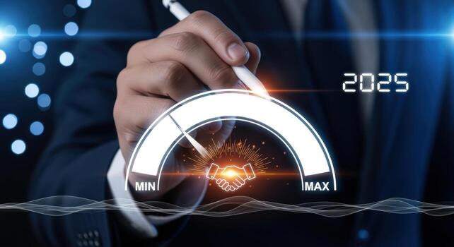 Achieving Business Success and Goals by 2025 Handshake Icon on Dashboard with Male Hand photo