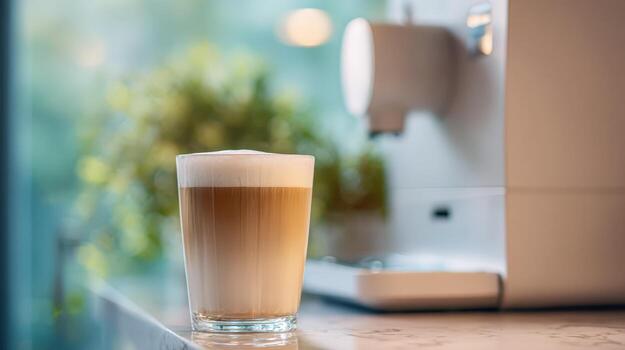 Delicious Coffee Latte in Glass with Coffee Machine in Background Displaying a Calming Morning photo