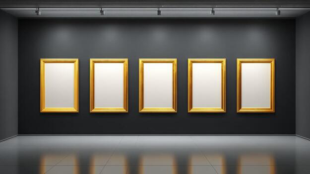 Elegant Gallery Wall with Five Gold Frames Perfect for Art Mockups and Display Presentations photo