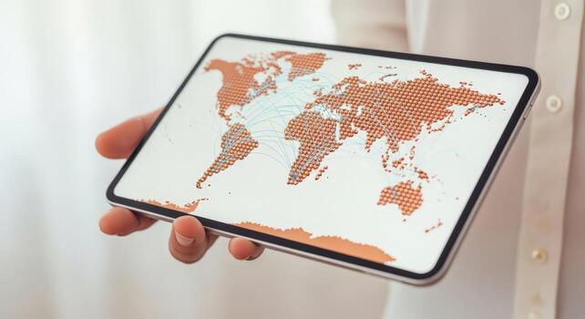 Global Network Concept Hand Holding Tablet Displaying World Map with Interconnected Digital Nodes photo